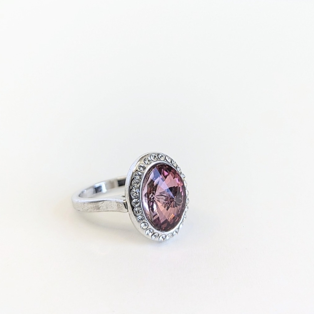Pink Faux Sapphire Oval Cocktail Ring Crystal Halo Silver Tone - sz 8.75